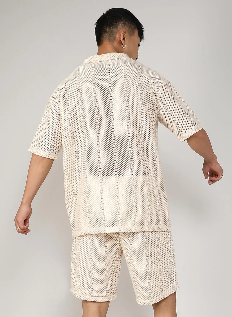 CAHOOT  Men's Ivory White Crochet Co-Ord Set For Casual Wear | Spread Collar | Short Sleeve | Button Closure | Co-Ords Crafted With Comfort Fit For Everyday Wear for Men | Best Price UAE
